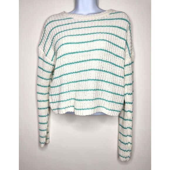 Striped Cropped Sweater Vintage Style S Oversize Self Esteem White & Teal - Picture 2 of 6